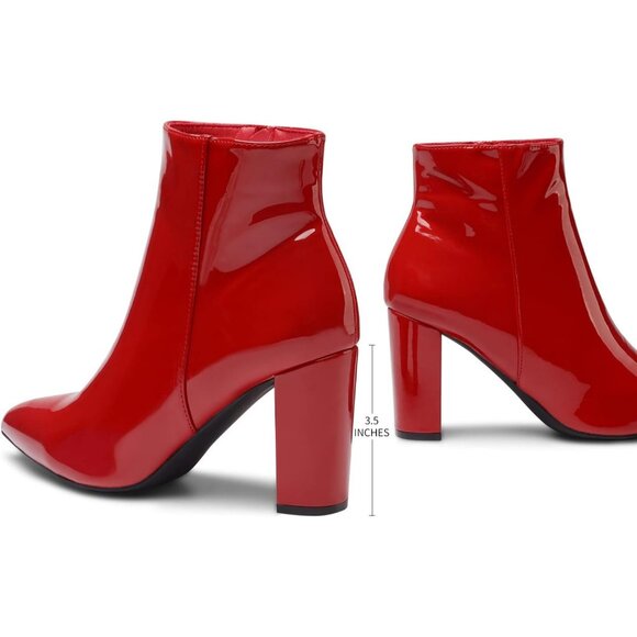 Dream Pairs Women's Red/Pat Pointed Toe Fur Lining Block Heel Ankle Booties - Picture 3 of 5